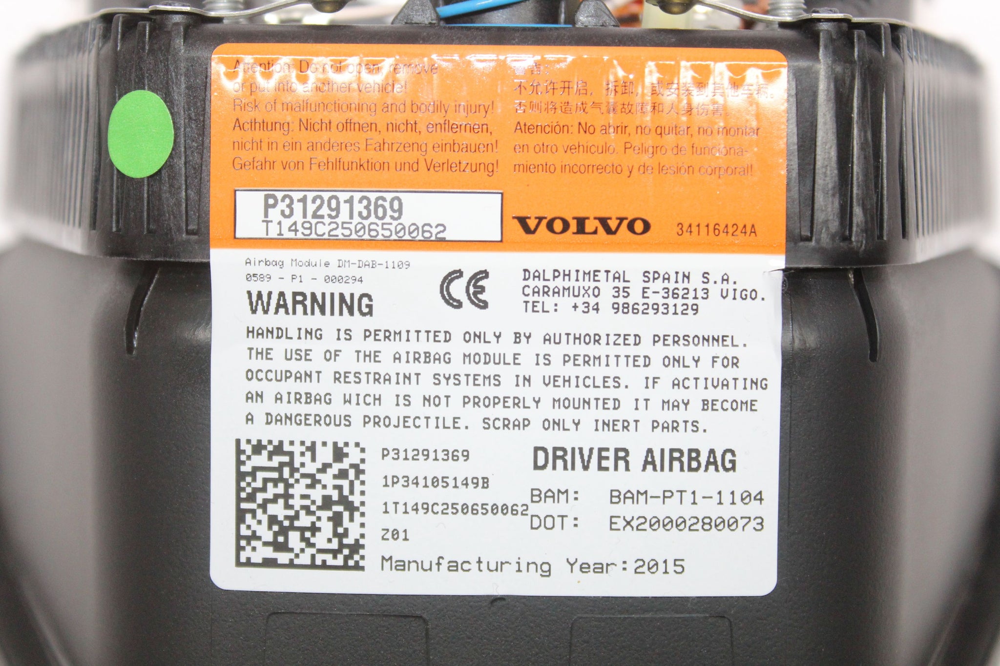 2015 VOLVO V40 Steering Wheel Airbag P31291369